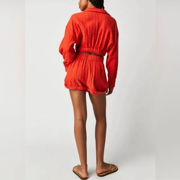 Free People Gauze Shorts And Crop Long Sleeve Top Two-Piece Set Size Small - Picture 2 of 11
